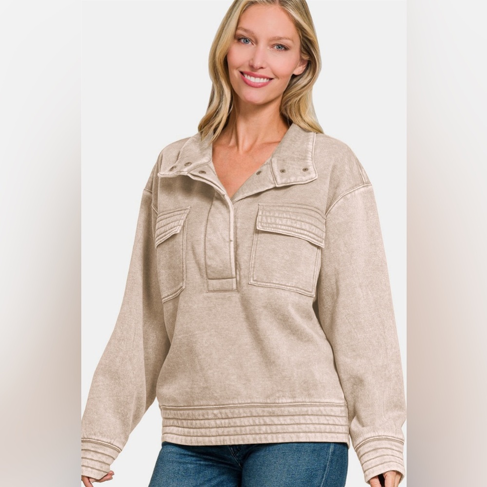 Zenana Acid Washed Half Snap Fleece Sweatshirt - Ash Mocha